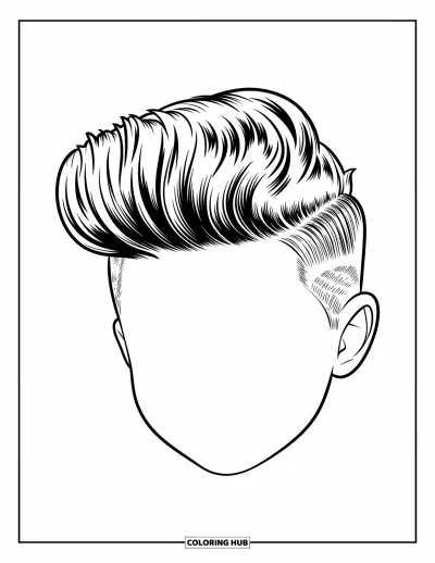 Desen de colorat cu coafuri pentru copii: O coafură pompadour cu cărare laterală, desenată în linii îndrăznețe și simple