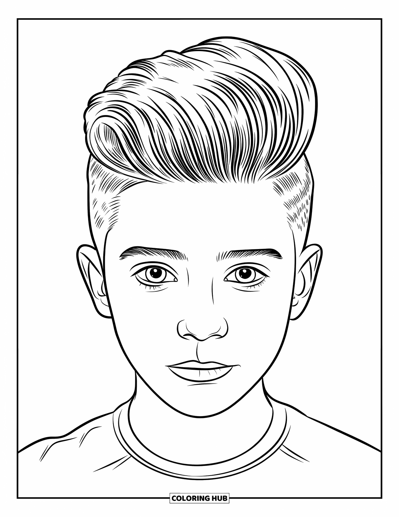 Hair Coloring Page for Kids: A smiling boy with a pompadour hairstyle stands confidently
