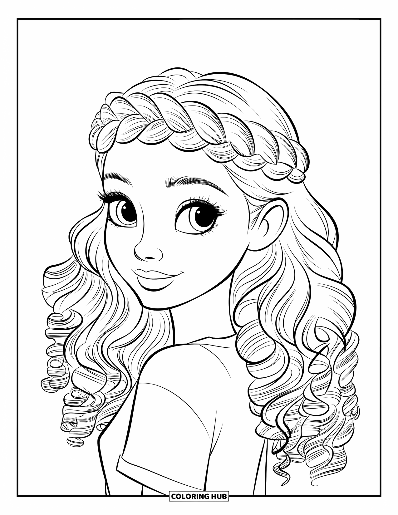Hair Coloring Page for Kids: A smiling curly-haired girl with a braided crown and soft waves