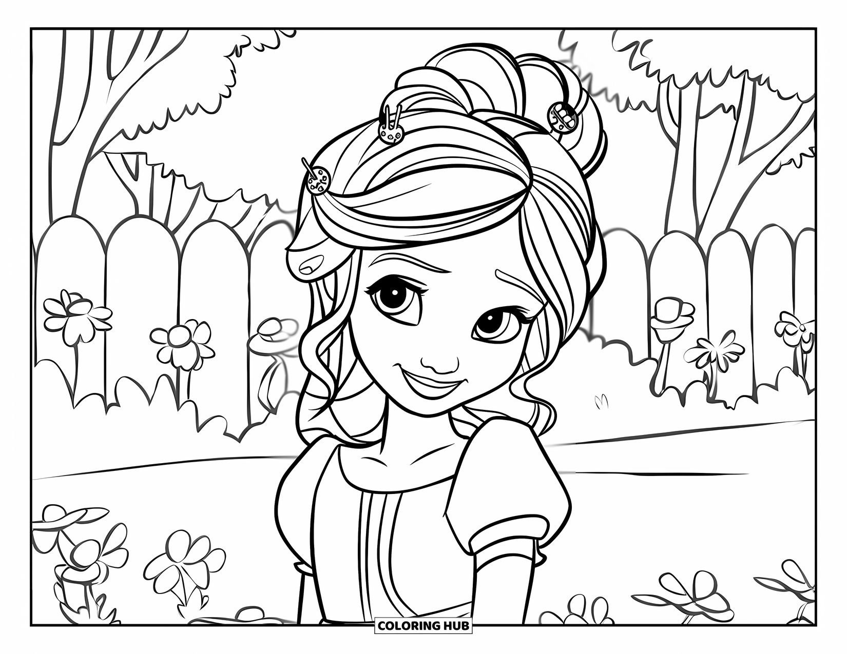 Hair Coloring Page for Kids: A smiling girl with curls and pins stands in a flower garden