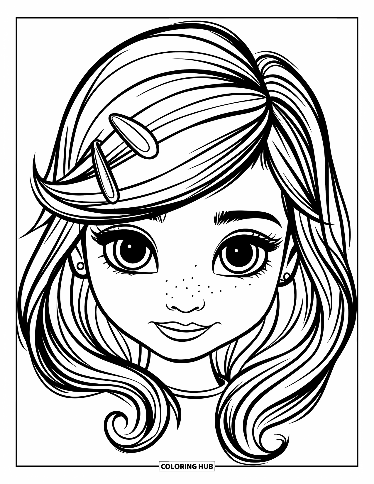 Hair Coloring Page for Kids: A smiling girl with layered hair and a cute side clip