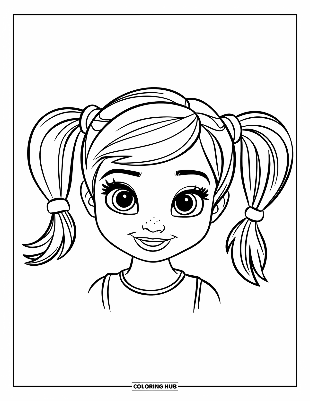 Hair Coloring Page for Kids: A smiling girl with pigtails tied neatly on each side