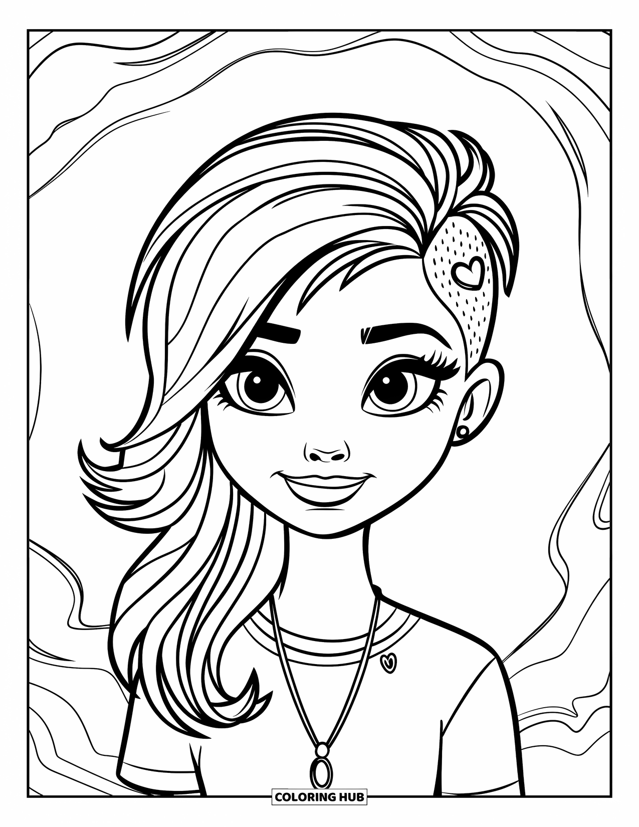 Hair Coloring Page for Kids: A teen girl with a shaved side and a heart design in her hair