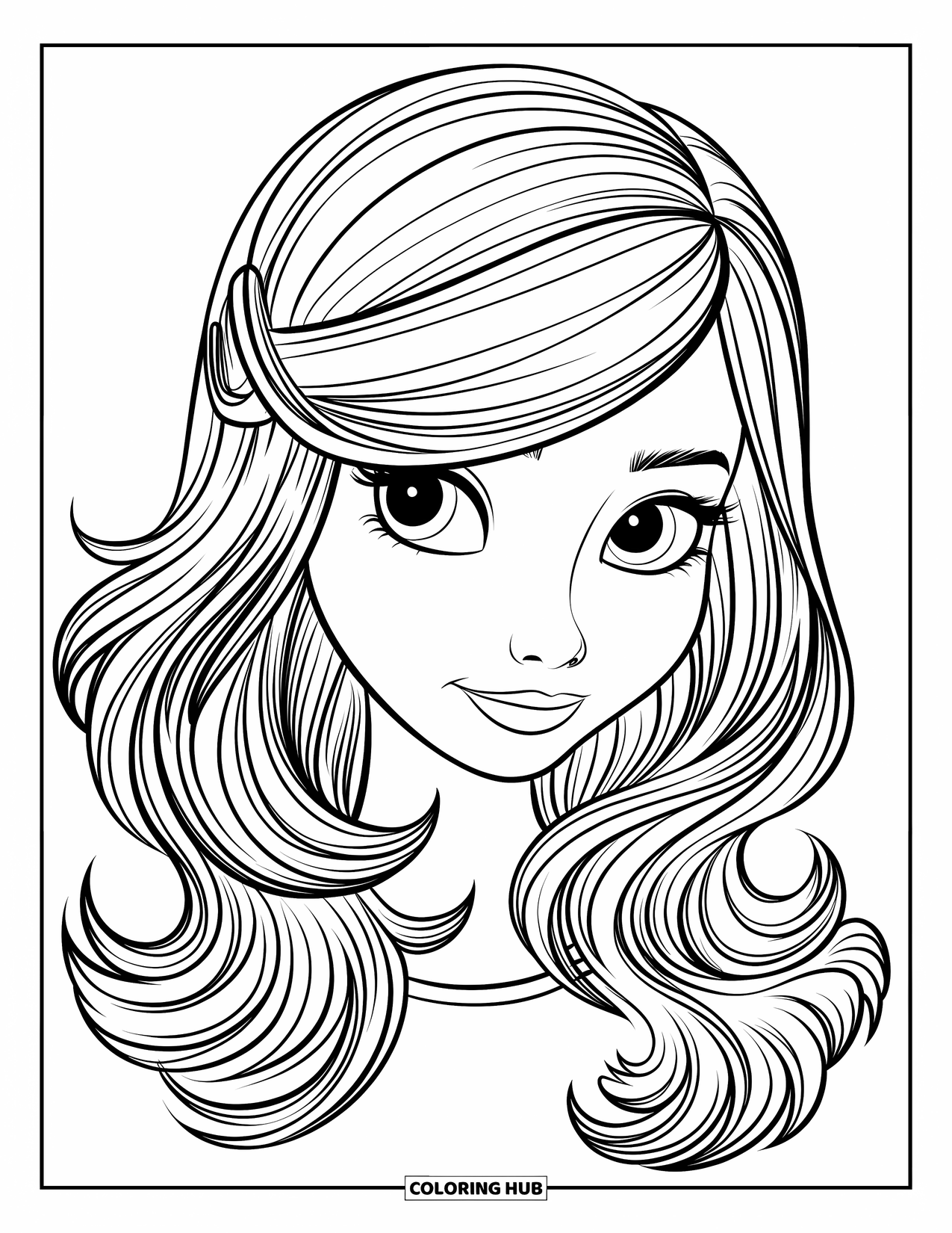 Hair Coloring Page for Kids: A zoomed-in view of a girl with layered hair and a bright clip