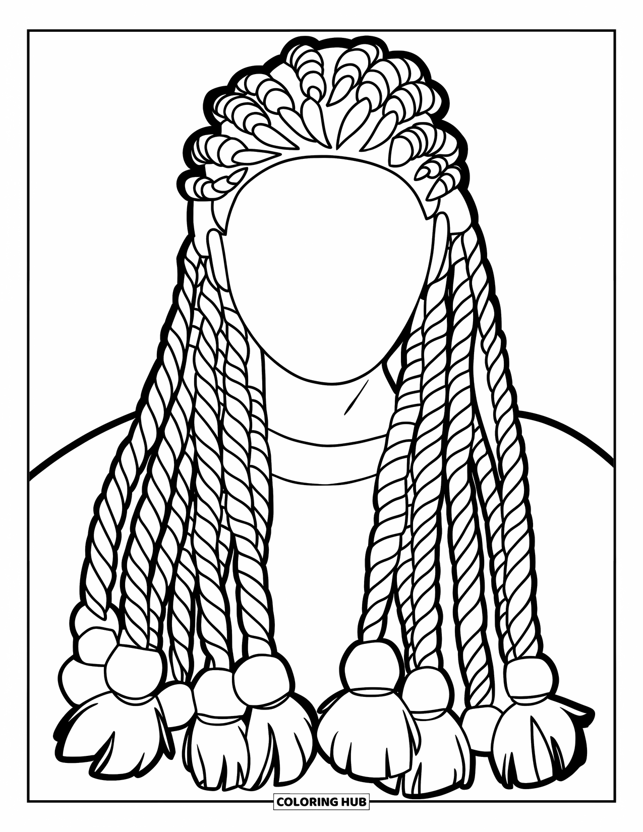 Hair Coloring Page for Kids: Front view of thick braids with beads in a traditional style