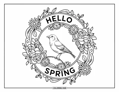 Omalovánka Vítání jara pro dospělé: Pták rámovaný květinami a listy s nápisem "Hello Spring" kolem okraje