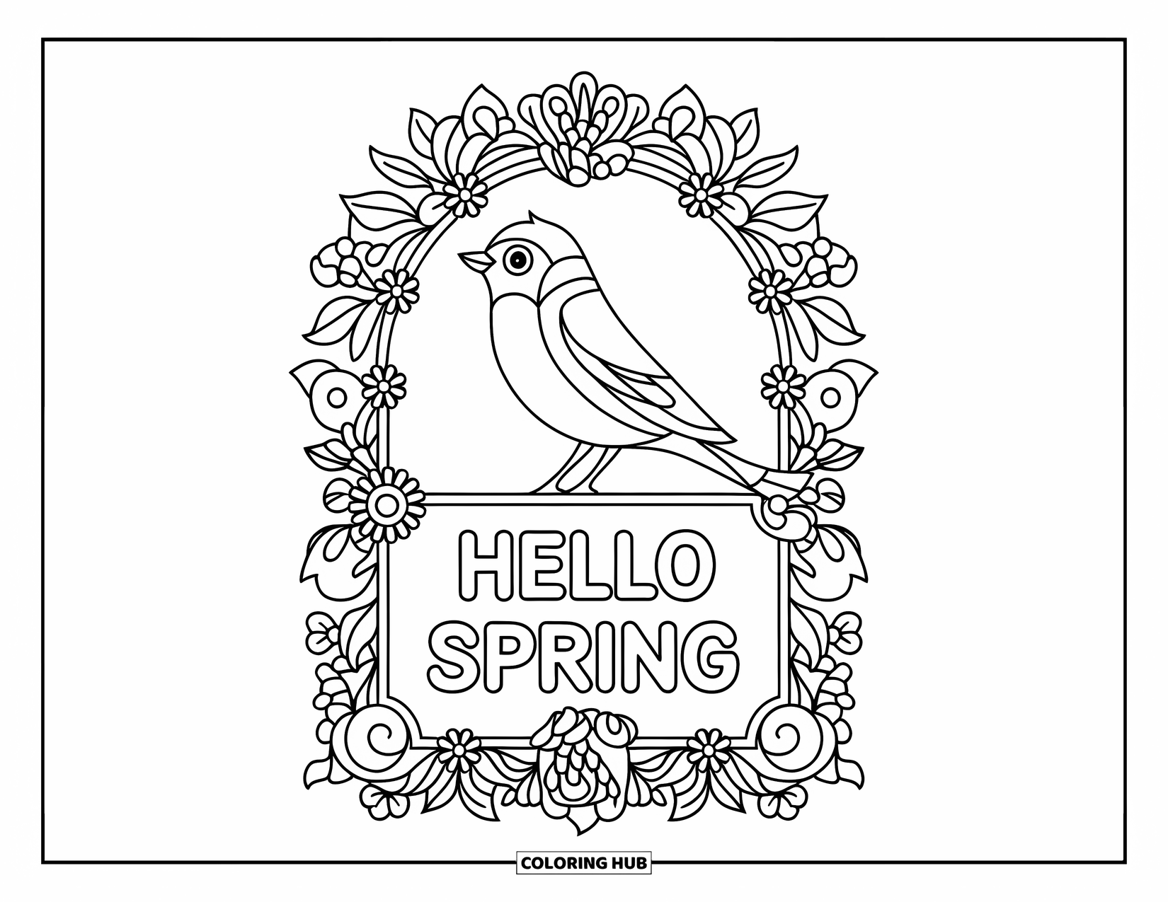 Hello Spring Coloring Page for Adults: A bird perched on a floral mandala frame with "Hello Spring" on the arch