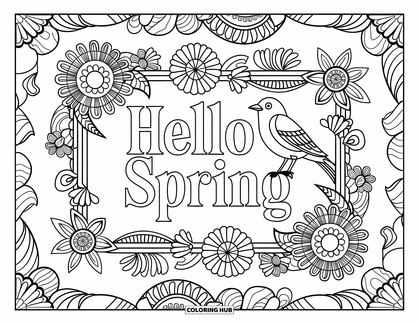 Hello Spring Coloring Page for Adults: A bird within a floral mandala ringed by "Hello Spring" in the border