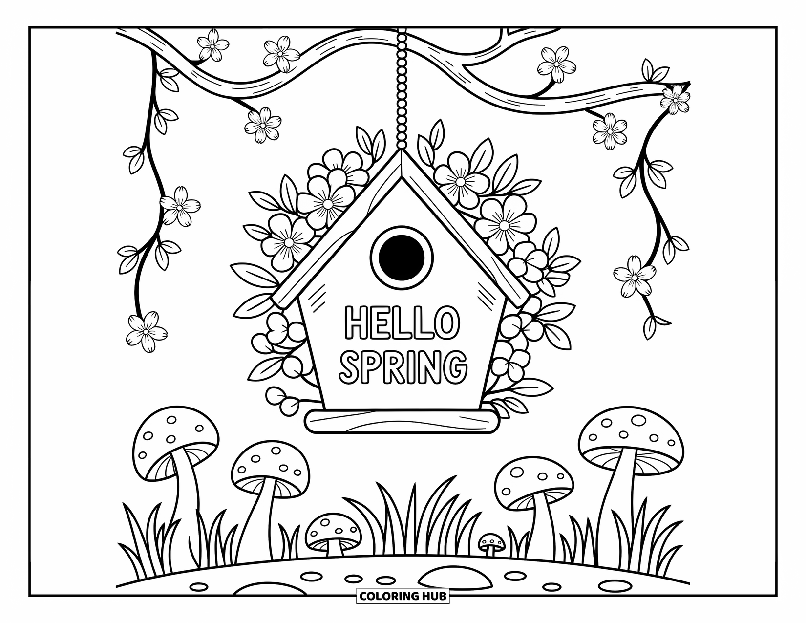 Hello Spring Coloring Page for Adults: A birdhouse hanging from blossoms with "Hello Spring" carved on its front