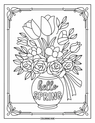 Omalovánka Vítání jara pro dospělé: Kytice tulipánů, růží a narcisů ve váze s nápisem "Hello Spring"