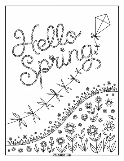 Omalovánka Vítání jara pro dospělé: Větrná krajina s kopcem a drakem tvořícím nápis "Hello Spring" na obloze