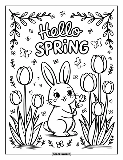 Omalovánka Vítání jara pro dospělé: Králíček v záhonu tulipánů s motýly a nápisem "Hello Spring" nahoře