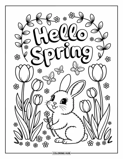 Omalovánka Vítání jara pro dospělé: Králíček v kvetoucích tulipánech s popínavými rostlinami rámujícími nápis "Hello Spring"
