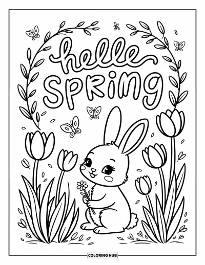 Omalovánka Vítání jara pro dospělé: Králíček sedící mezi tulipány s květinou pod nápisem "Hello Spring"