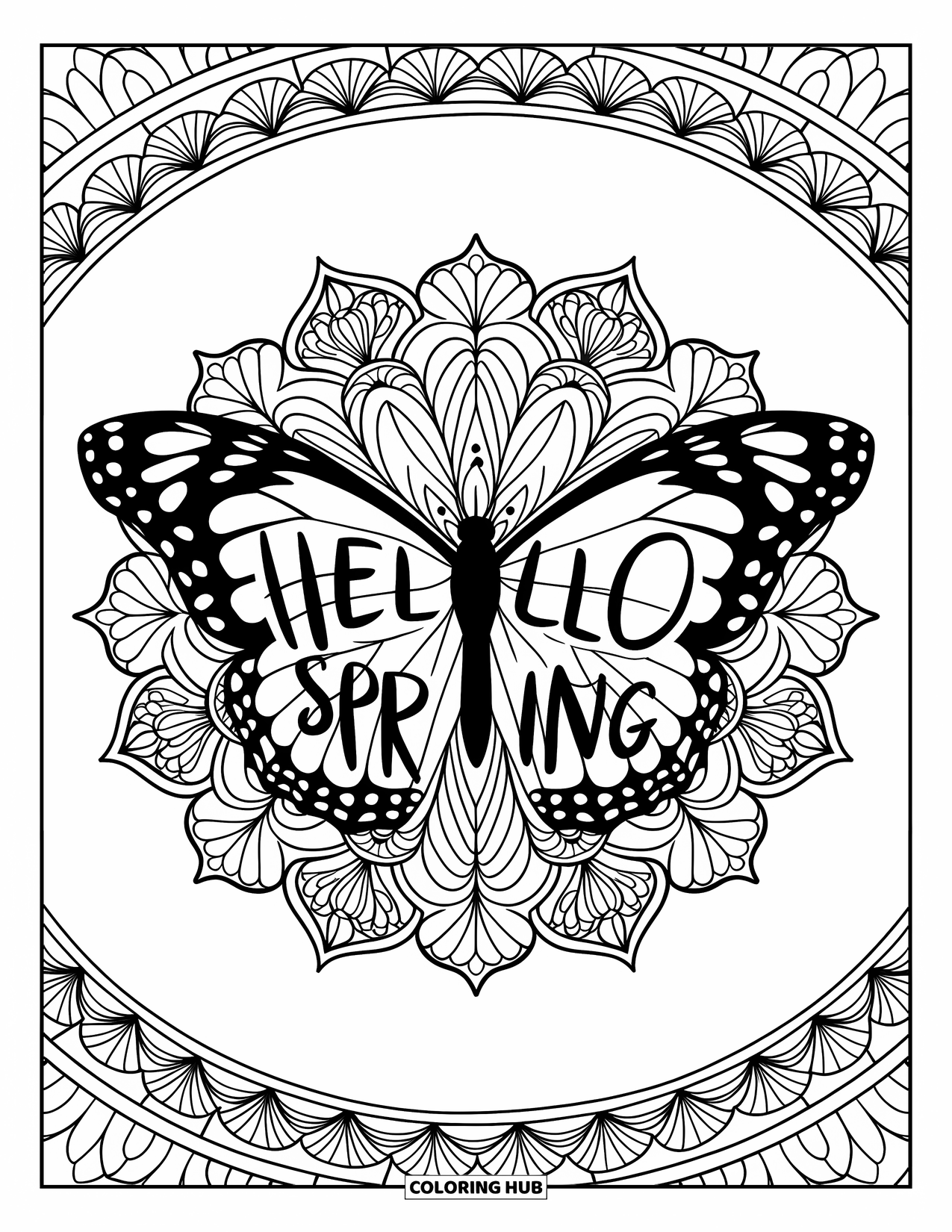 Hello Spring Coloring Page for Adults: A butterfly with "Hello Spring" on its wings in a floral mandala
