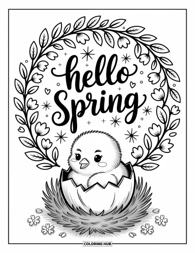 Omalovánka Vítání jara pro dospělé: Kuřátko v hnízdě ve věnci z květin s nápisem "Hello Spring" nahoře