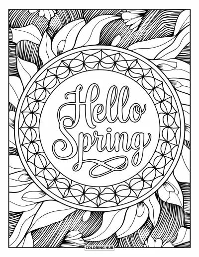 Omalovánka Vítání jara pro dospělé: Kruhová mandala z listů a květin s nápisem "Hello Spring" uprostřed