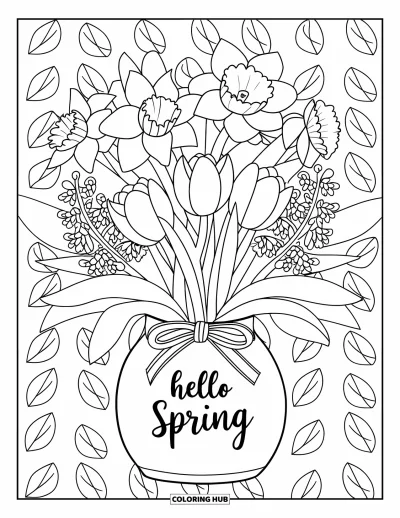 Omalovánka Vítání jara pro dospělé: Květinová kytice s narcisy a tulipány ve váze s nápisem "Hello Spring"
