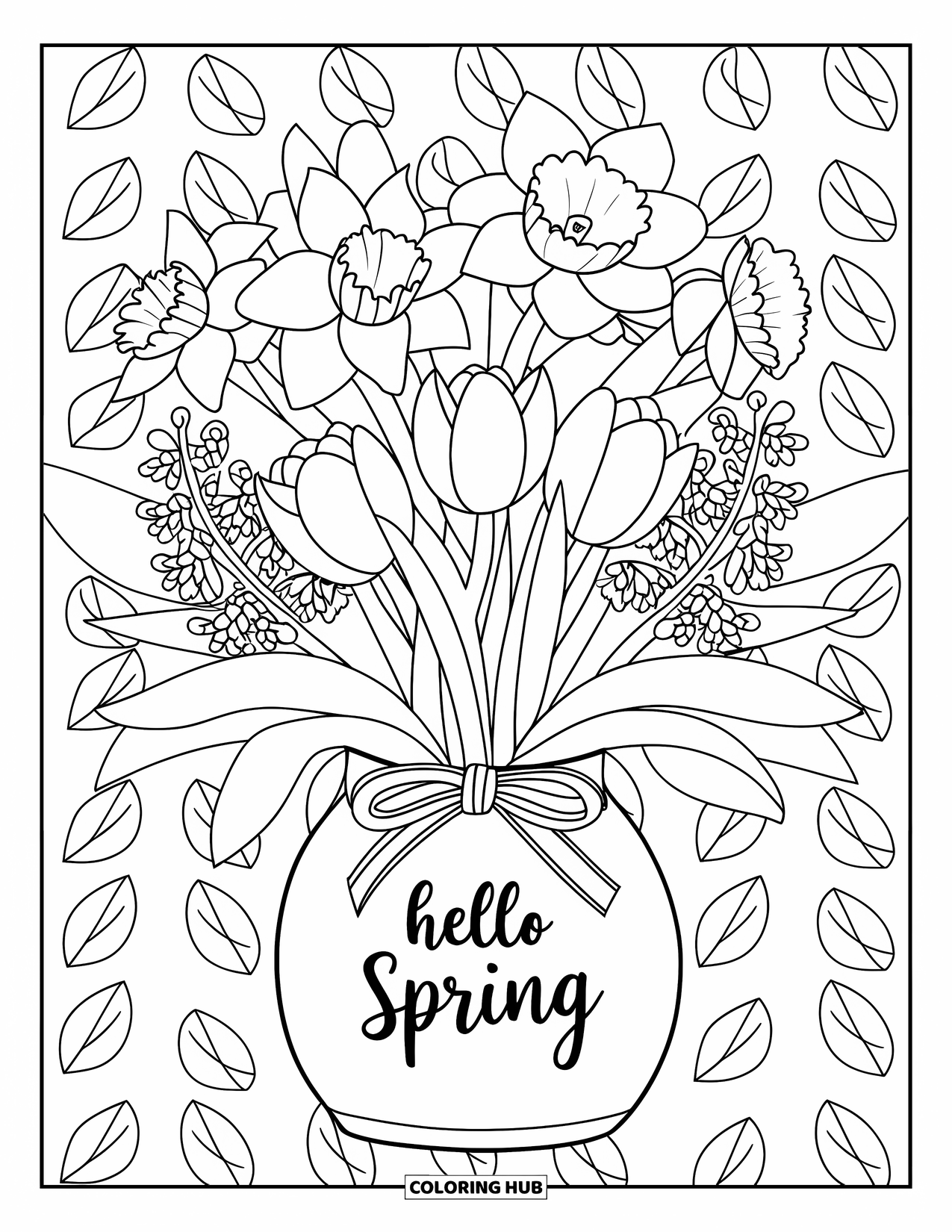 Hello Spring Coloring Page for Adults: A floral bouquet with daffodils and tulips in a "Hello Spring" vase