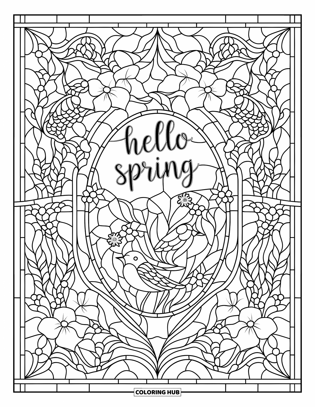 Hello Spring Coloring Page for Adults: A floral stained-glass panel with birds and "Hello Spring"