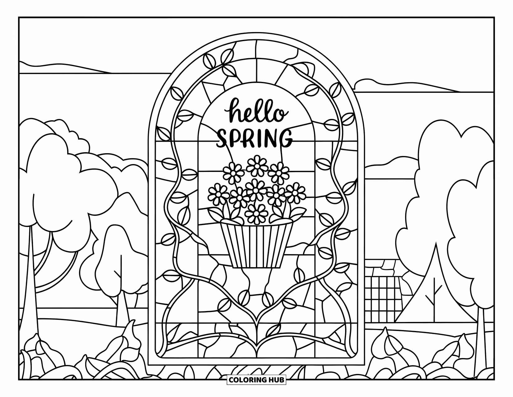 Hello Spring Coloring Page for Adults: A floral stained-glass window showing "Hello Spring" above a flower basket