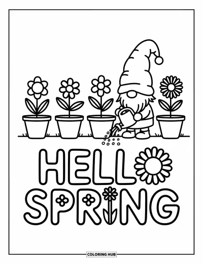 Omalovánka Vítání jara pro dospělé: Trpaslík zalévající květináče ve tvaru písmen "Hello Spring"