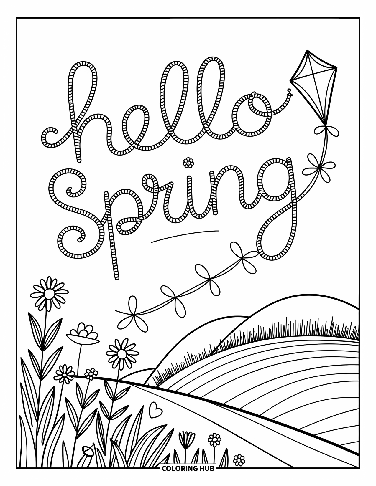 Hello Spring Coloring Page for Adults: A hillside with flowers and a kite whose string spells "Hello Spring"