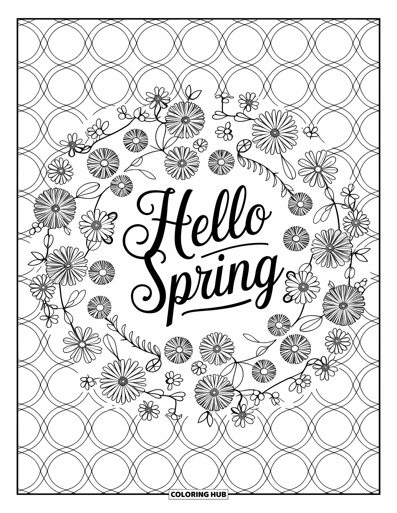 Hello Spring Coloring Page for Adults: A mandala of flowers and vines with "Hello Spring" at the bottom