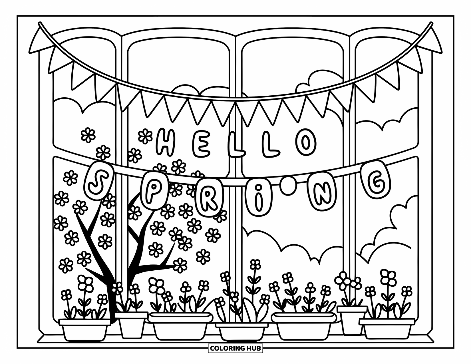 Hello Spring Coloring Page for Adults: A spring window with blossoms and a cute garland reading "Hello Spring"