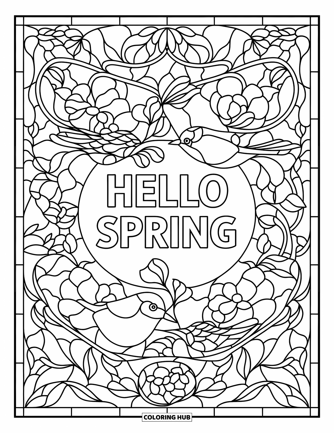 Hello Spring Coloring Page for Adults: A stained-glass window of birds on branches with "Hello Spring"