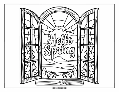 Omalovánka Vítání jara pro dospělé: Vitráž s nápisem "Hello Spring" a výhledem na stromy a vodu