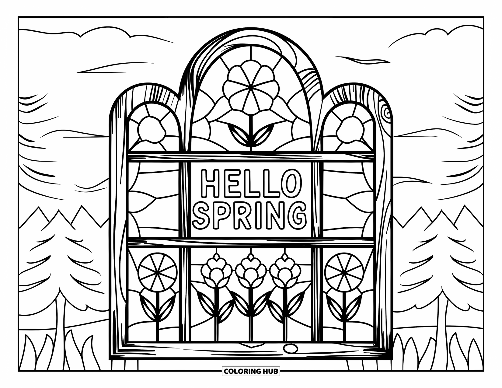 Hello Spring Coloring Page for Adults: A stained-glass window with flowers and "Hello Spring" across the center