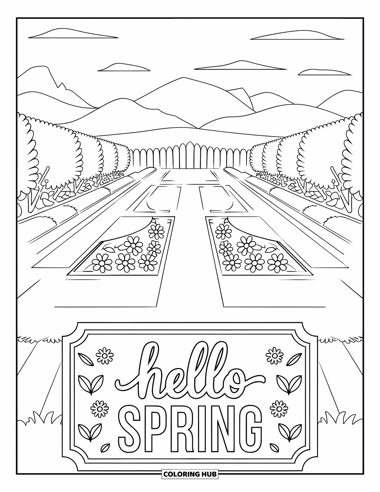 Hello Spring Coloring Page for Adults: A symmetrical garden with trees, paths, and a plaque saying "Hello Spring"