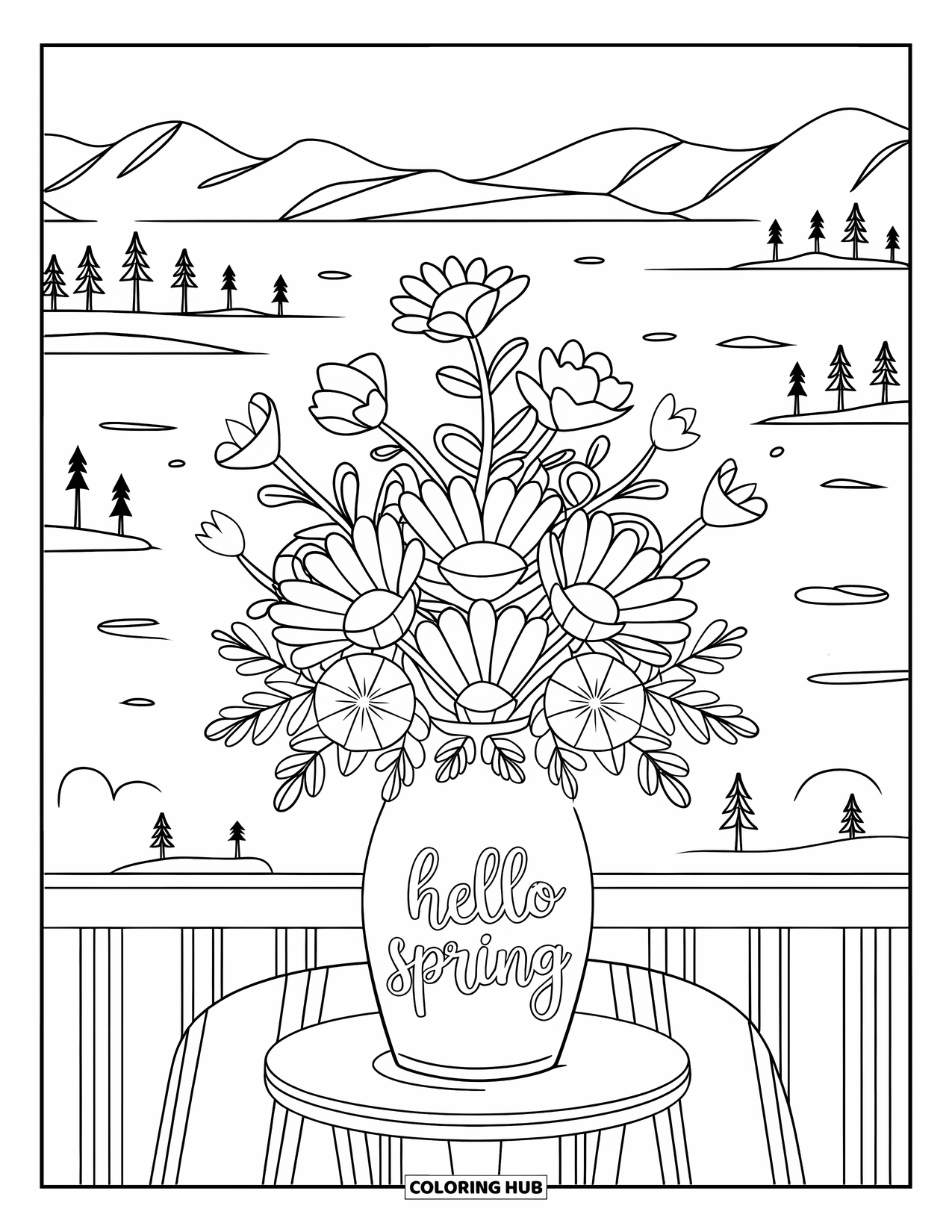 Hello Spring Coloring Page for Adults: A vase of spring flowers labeled "Hello Spring" on a wooden stand