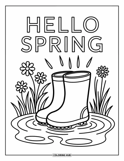 Omalovánka Vítání jara pro dospělé: Roztomilé holínky v louži obklopené květinami a nápisem "Hello Spring"
