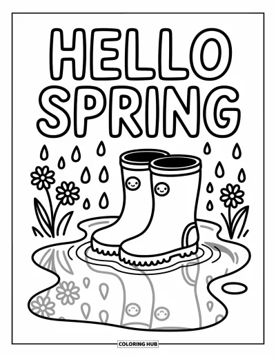 Omalovánka Vítání jara pro dospělé: Holínky v zvlněné vodě s nápisem "Hello Spring" nahoře i odraz níže