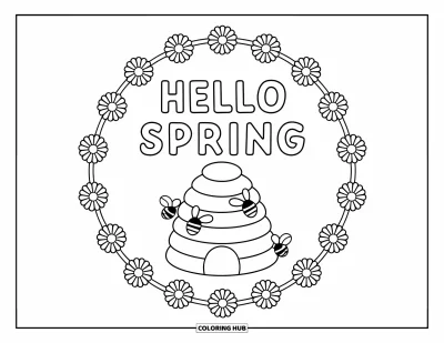 Omalovánka Vítání jara pro děti: Úl obklopený květinami s nápisem "Hello Spring"