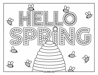 Omalovánka Vítání jara pro děti: Úl se včelkami a nápisem "Hello Spring" v plástovém vzoru
