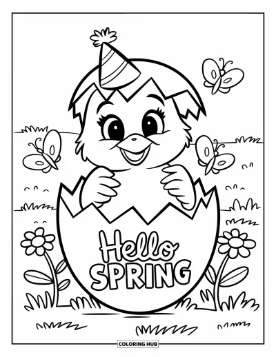 Omalovánka Vítání jara pro děti: Velké kuřátko vyskakující z vejce s nápisem "Hello Spring"