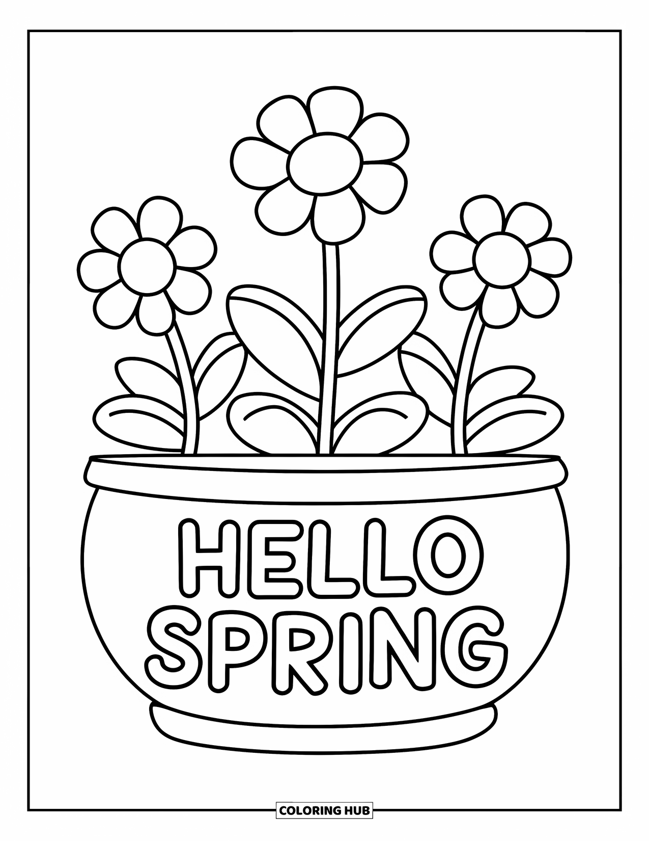 Hello Spring Coloring Page for Kids: A big flower pot with "Hello Spring" and bold blooms