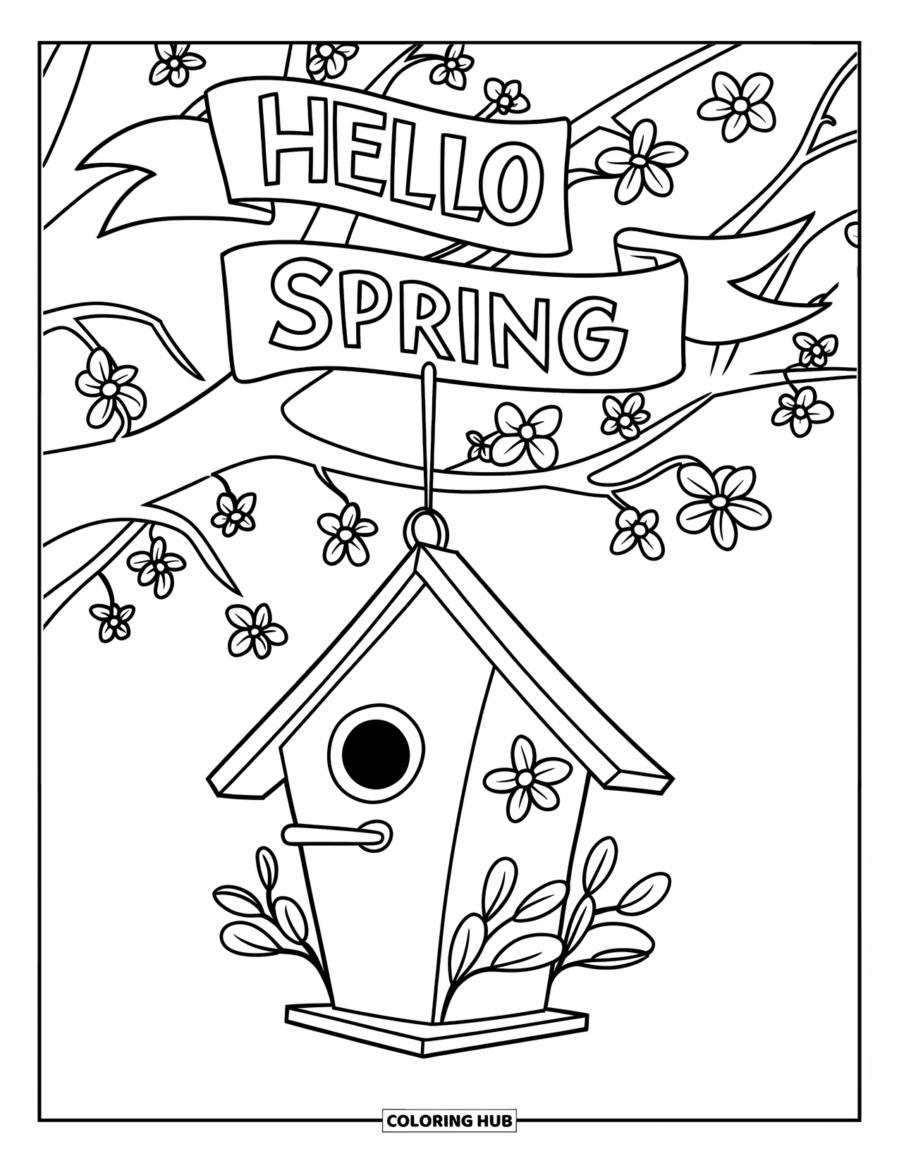 Hello Spring Coloring Page for Kids: A birdhouse hanging from a blooming tree with "Hello Spring"