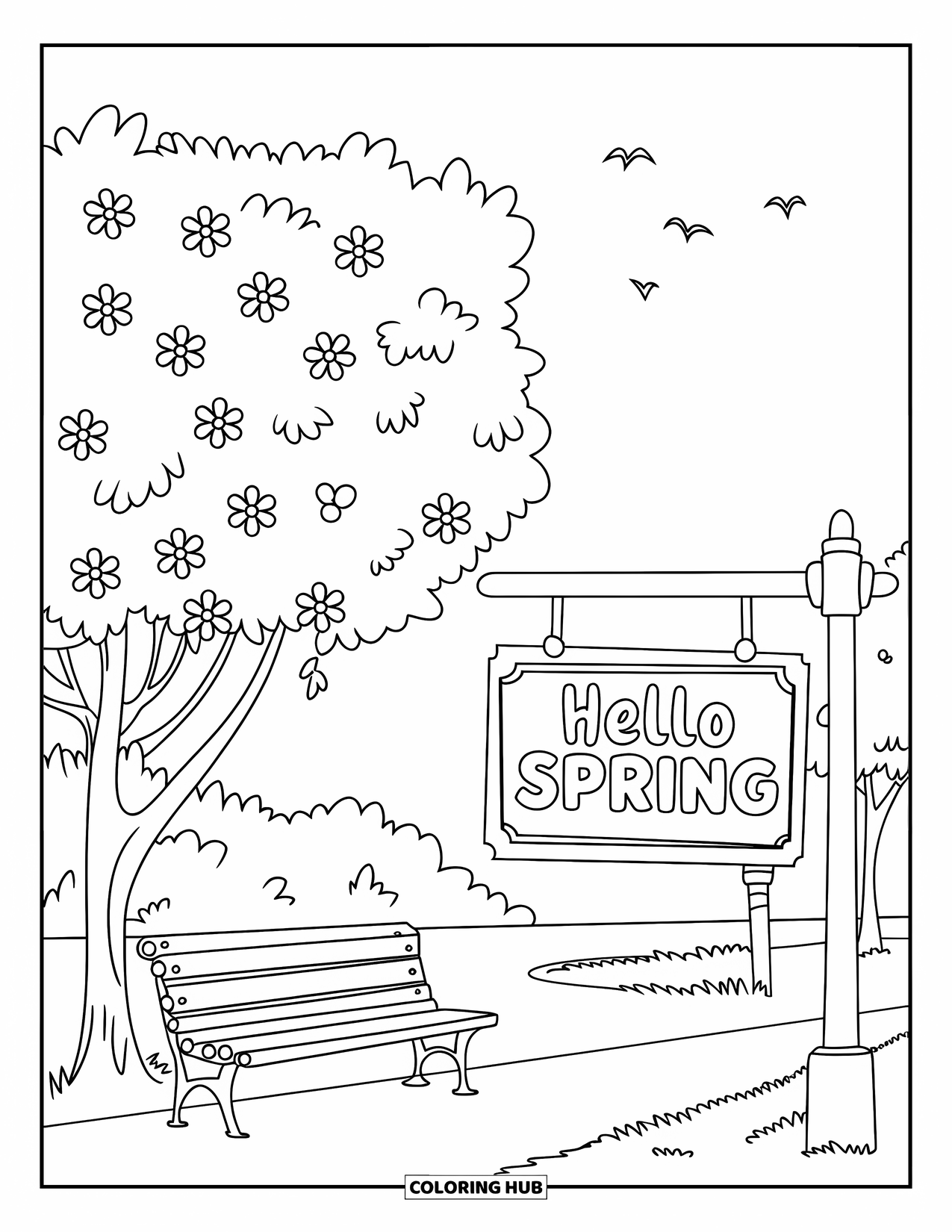 Hello Spring Coloring Page for Kids: A blooming park with a bench and "Hello Spring" sign