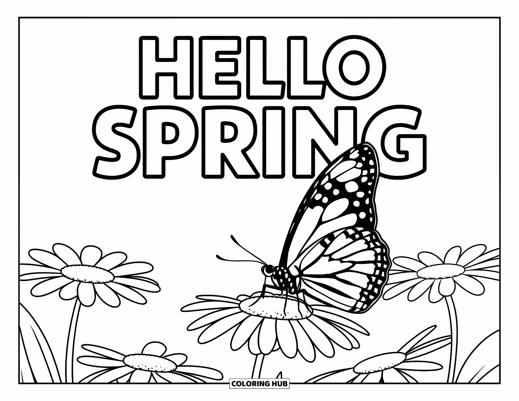 Hello Spring Coloring Page for Kids: A butterfly and daisy under bold "Hello Spring" text