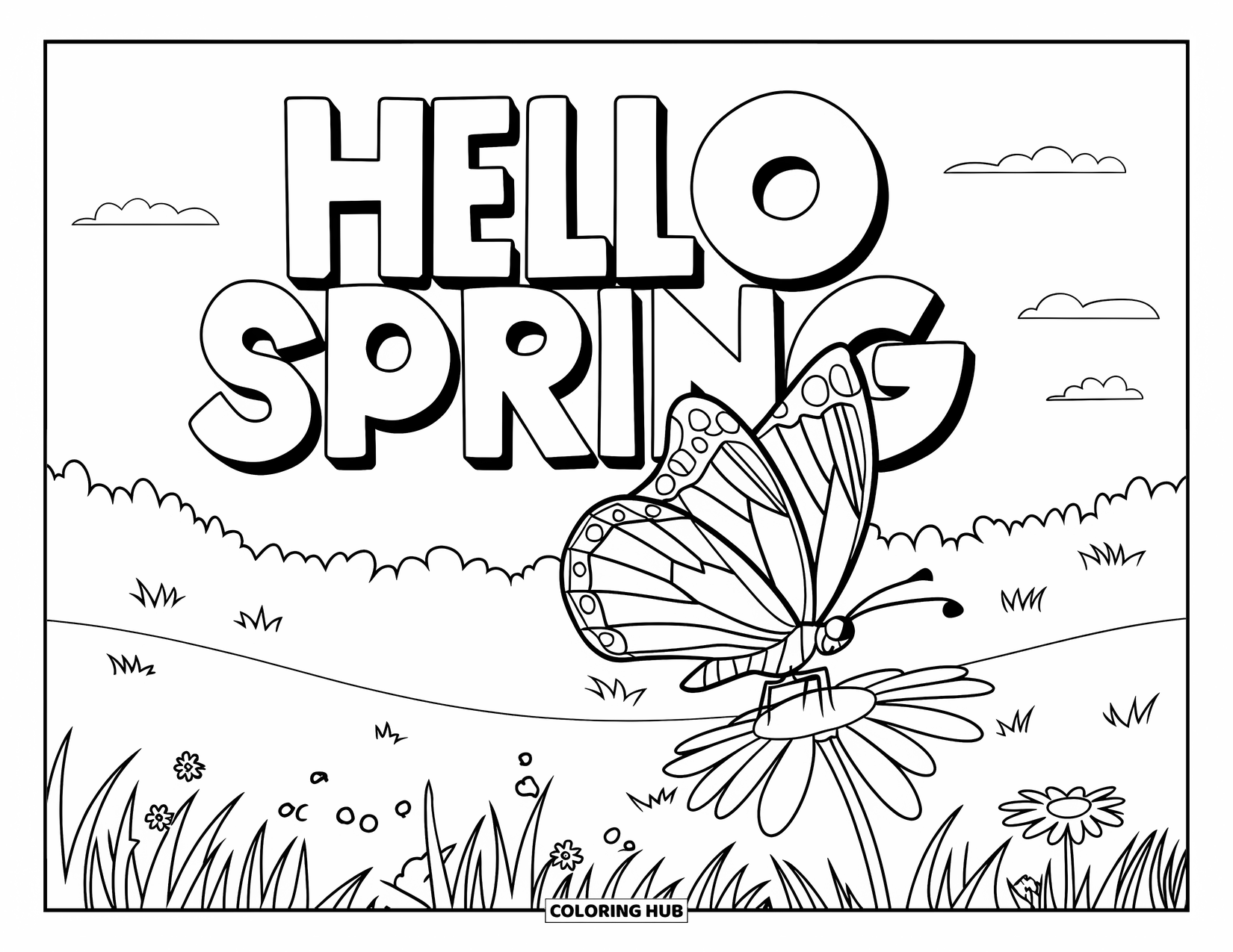 Hello Spring Coloring Page for Kids: A butterfly on a flower under curved "Hello Spring" text