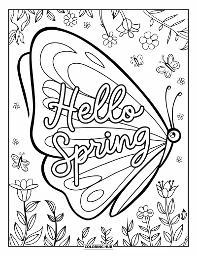 Omalovánka Vítání jara pro děti: Motýlí křídlo a květy rámující slova "Hello Spring"