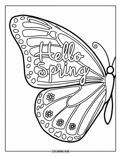 Omalovánka Vítání jara pro děti: Motýlí křídlo s květinovými detaily a slovy "Hello Spring"