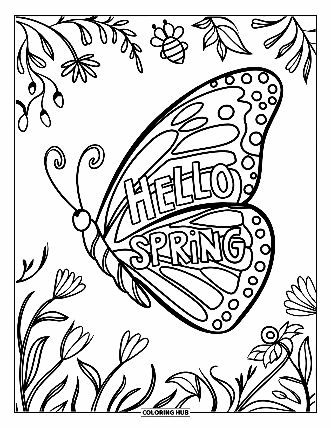 Hello Spring Coloring Page for Kids: A butterfly wing with flowers, a bee, and "Hello Spring"