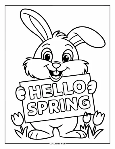 Omalovánka Vítání jara pro děti: Veselý králíček s tulipány a cedulí "Hello Spring"