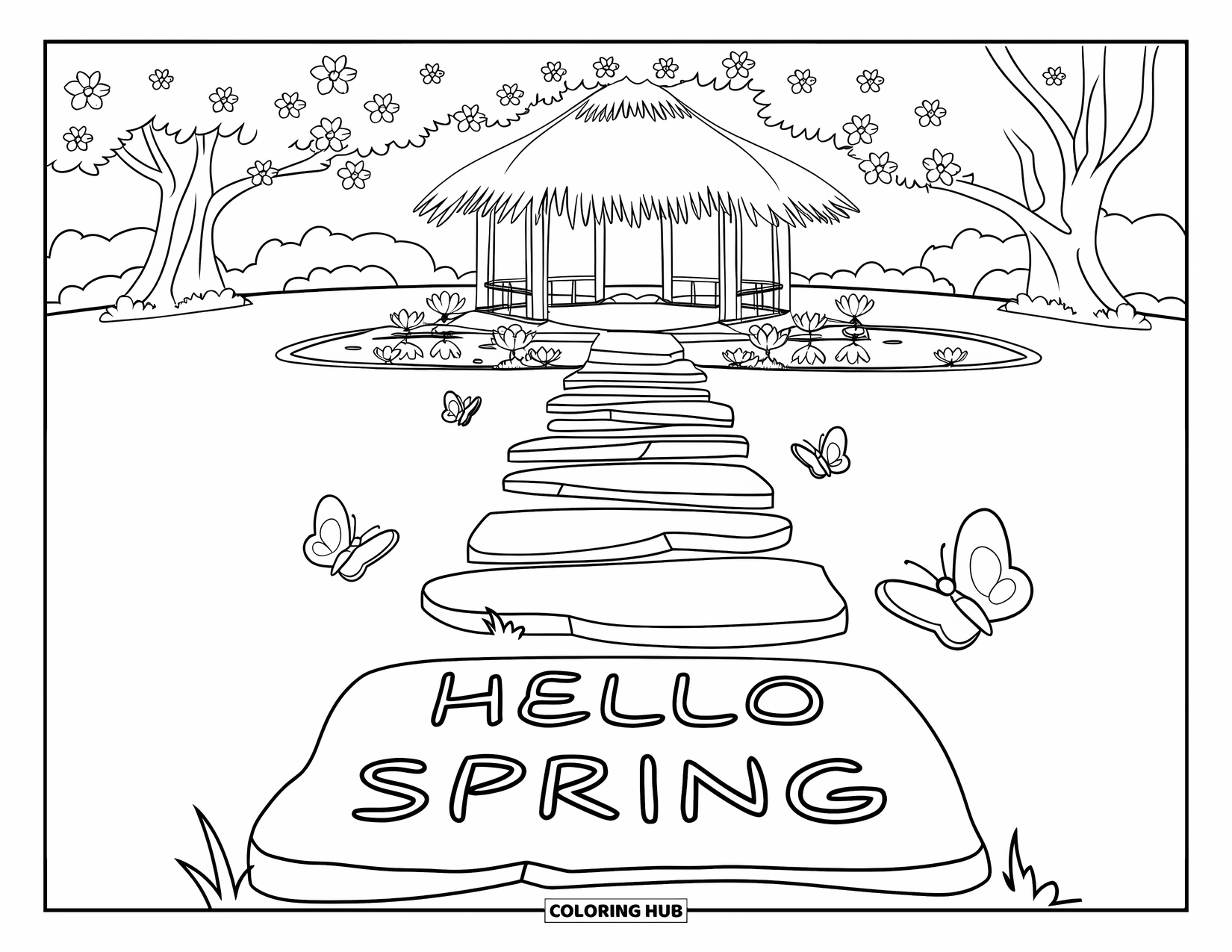 Hello Spring Coloring Page for Kids: A cherry-blossom path leading to a gazebo with "Hello Spring" carved on a stone