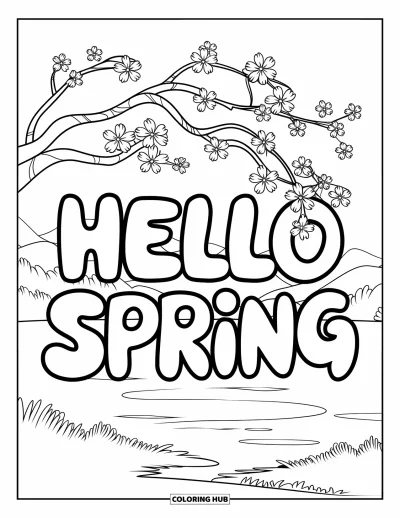 Omalovánka Vítání jara pro děti: Třešeň nad nápisem "Hello Spring" s horami v pozadí